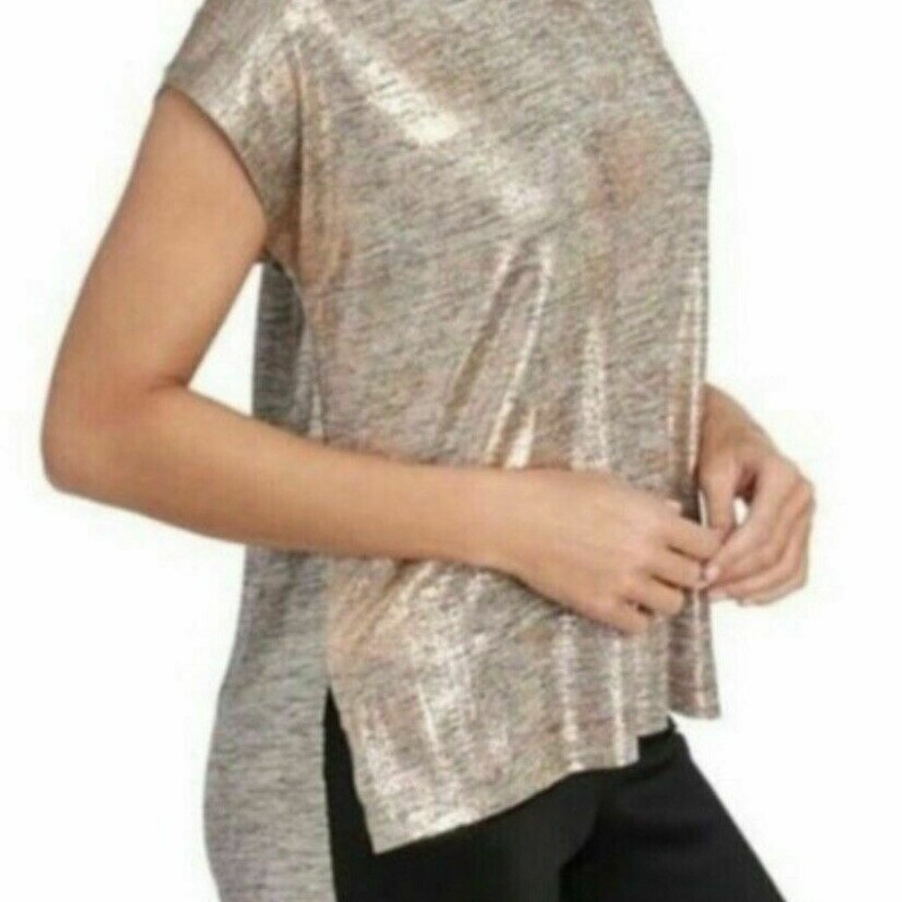 Dantelle Gold Metallic Shimmer Cap Sleeve Top Hi-Lo Raw Hem  Sz Small